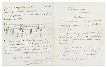 SAINT-SAËNS, CAMILLE. Two Autograph Letters Signed, C. Saint-Saëns, the second with an Autograph Musical Quotation, to My dear frien